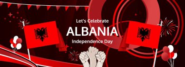 Arnavutluk Bağımsızlık Günü modern karşılama bayrağı. 28 Kasım Ulusal Gününüz kutlu olsun. Bayrak renklerine sahip şenlikli yatay arka plan, karnaval posteri, turizm kampanyası, bayram indirimi için harika.
