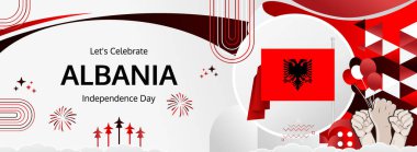 Arnavutluk Bağımsızlık Günü modern karşılama bayrağı. 28 Kasım Ulusal Gününüz kutlu olsun. Bayrak renklerine sahip şenlikli yatay arka plan, karnaval posteri, turizm kampanyası, bayram indirimi için harika.