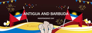 Antigua ve Barbuda Bağımsızlık Günü modern selamlama bayrağı. 1 Kasım Mutlu Ulusal Günler. Bayrak renklerine sahip şenlikli yatay arka plan, poster, turizm kampanyası, bayram indirimi