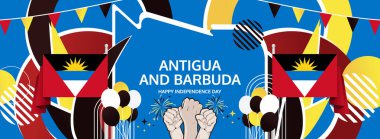 Antigua ve Barbuda Bağımsızlık Günü modern selamlama bayrağı. 1 Kasım Mutlu Ulusal Günler. Bayrak renklerine sahip şenlikli yatay arka plan, poster, turizm kampanyası, bayram indirimi