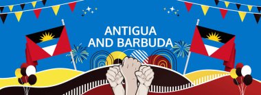 Antigua ve Barbuda Bağımsızlık Günü modern selamlama bayrağı. 1 Kasım Mutlu Ulusal Günler. Bayrak renklerine sahip şenlikli yatay arka plan, poster, turizm kampanyası, bayram indirimi