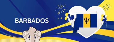 Barbados Bağımsızlık Günü modern selamlama bayrağı. 30 Kasım Mutlu Ulusal Günler. Bayrak renklerine sahip şenlikli yatay arka plan, karnaval posteri, turizm kampanyası, bayram indirimi için harika.