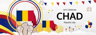 Çad Cumhuriyet Günü modern selamlama pankartı. 28 Kasım Mutlu Çad Ulusal Günü. Bayrak renklerine sahip şenlikli yatay arka plan, karnaval posteri, kutlamalar, bayram indirimi için harika.