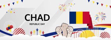Çad Cumhuriyet Günü modern selamlama pankartı. 28 Kasım Mutlu Çad Ulusal Günü. Bayrak renklerine sahip şenlikli yatay arka plan, karnaval posteri, kutlamalar, bayram indirimi için harika.