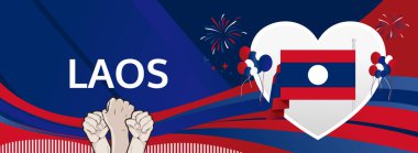 Laos Ulusal Günü modern selamlama bayrağı. 2 Aralık, Laos Ulusal Bağımsızlık Günü. Bayrak renklerine sahip şenlikli yatay arka plan, karnaval posteri, kutlamalar, bayram indirimi için harika.