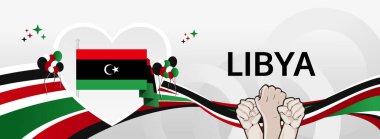 Libya Bağımsızlık Günü modern selamlama bayrağı. 24 Aralık Ulusal Gününüz kutlu olsun. Bayrak renklerine sahip şenlikli yatay arka plan, karnaval posteri, turizm kampanyası, bayram indirimi için harika.
