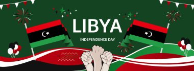 Libya Bağımsızlık Günü modern selamlama bayrağı. 24 Aralık Ulusal Gününüz kutlu olsun. Bayrak renklerine sahip şenlikli yatay arka plan, karnaval posteri, turizm kampanyası, bayram indirimi için harika.