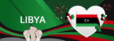 Libya Bağımsızlık Günü modern selamlama bayrağı. 24 Aralık Ulusal Gününüz kutlu olsun. Bayrak renklerine sahip şenlikli yatay arka plan, karnaval posteri, turizm kampanyası, bayram indirimi için harika.