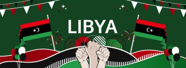 Libya Bağımsızlık Günü modern selamlama bayrağı. 24 Aralık Ulusal Gününüz kutlu olsun. Bayrak renklerine sahip şenlikli yatay arka plan, karnaval posteri, turizm kampanyası, bayram indirimi için harika.