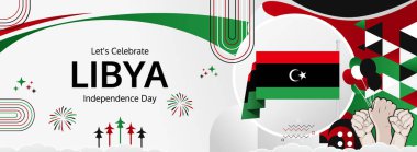 Libya Bağımsızlık Günü modern selamlama bayrağı. 24 Aralık Ulusal Gününüz kutlu olsun. Bayrak renklerine sahip şenlikli yatay arka plan, karnaval posteri, turizm kampanyası, bayram indirimi için harika.