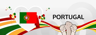 Portekiz Ulusal ve Bağımsızlık Günü modern selamlama bayrağı. 1 Aralık Portekiz Günün kutlu olsun. Bayrak renkleriyle şenlikli yatay arka plan, karnaval posteri, kutlamalar ve spor için harika.