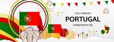 Portekiz Ulusal ve Bağımsızlık Günü modern selamlama bayrağı. 1 Aralık Portekiz Günün kutlu olsun. Bayrak renkleriyle şenlikli yatay arka plan, karnaval posteri, kutlamalar ve spor için harika.