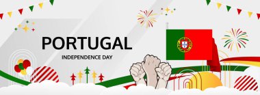 Portekiz Ulusal ve Bağımsızlık Günü modern selamlama bayrağı. 1 Aralık Portekiz Günün kutlu olsun. Bayrak renkleriyle şenlikli yatay arka plan, karnaval posteri, kutlamalar ve spor için harika.