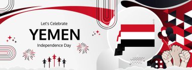 Yemen Bağımsızlık Günü modern selamlama bayrağı. 30 Kasım Mutlu Ulusal Günler. Bayrak renklerine sahip şenlikli yatay arka plan, karnaval posteri, turizm kampanyası, bayram indirimi için harika.
