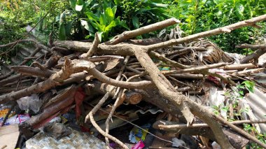 Çürümemiş çöp yığınları. Plastik çöpler bahçeyi dolduruyor. Çevre kirliliği kavramı. Çöpün arka planı