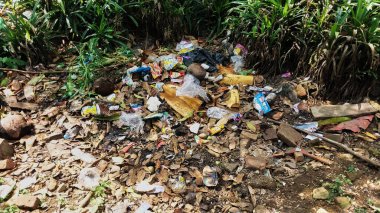 Çürümemiş çöp yığınları. Plastik çöpler bahçeyi dolduruyor. Çevre kirliliği kavramı. Çöpün arka planı
