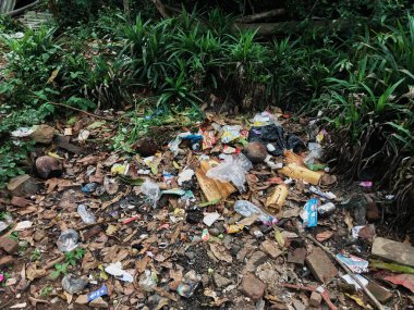 Çürümemiş çöp yığınları. Plastik çöpler bahçeyi dolduruyor. Çevre kirliliği kavramı. Çöpün arka planı