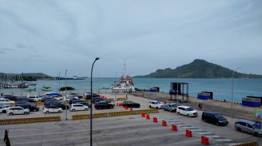 Background of the harbor pier. Bakauheni Port Lampung, Sumatra Island, connecting Merak Port, Java Island. Homecoming concept, Indonesian tourist destinations