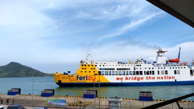 Background of the harbor pier. Bakauheni Port Lampung, Sumatra Island, connecting Merak Port, Java Island. Homecoming concept, Indonesian tourist destinations