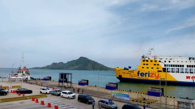 Background of the harbor pier. Bakauheni Port Lampung, Sumatra Island, connecting Merak Port, Java Island. Homecoming concept, Indonesian tourist destinations