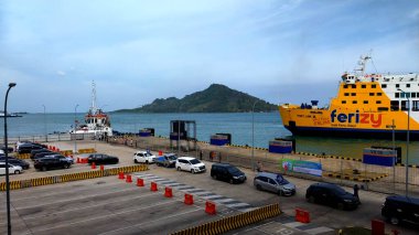 Background of the harbor pier. Bakauheni Port Lampung, Sumatra Island, connecting Merak Port, Java Island. Homecoming concept, Indonesian tourist destinations