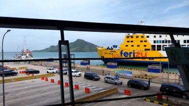 Background of the harbor pier. Bakauheni Port Lampung, Sumatra Island, connecting Merak Port, Java Island. Homecoming concept, Indonesian tourist destinations