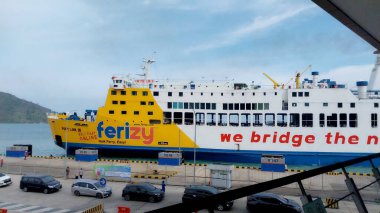 Background of the harbor pier. Bakauheni Port Lampung, Sumatra Island, connecting Merak Port, Java Island. Homecoming concept, Indonesian tourist destinations
