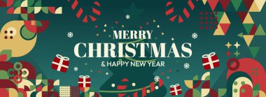 Mutlu Noeller ve yeni yıl tebrikleri. Geometrik şekilli son moda Xmas afişleri. Web siteleri, profil kapakları, tatil posterleri, baskılar ve mevsimsel dilekler için yatay Noel başlıkları.