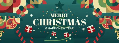 Mutlu Noeller ve yeni yıl tebrikleri. Geometrik şekilli son moda Xmas afişleri. Web siteleri, profil kapakları, tatil posterleri, baskılar ve mevsimsel dilekler için yatay Noel başlıkları.