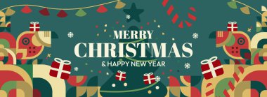 Mutlu Noeller ve yeni yıl tebrikleri. Geometrik şekilli son moda Xmas afişleri. Web siteleri, profil kapakları, tatil posterleri, baskılar ve mevsimsel dilekler için yatay Noel başlıkları.