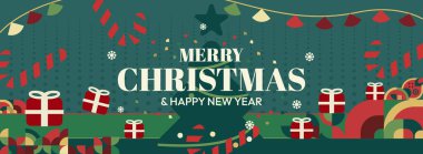 Mutlu Noeller ve yeni yıl tebrikleri. Geometrik şekilli son moda Xmas afişleri. Web siteleri, profil kapakları, tatil posterleri, baskılar ve mevsimsel dilekler için yatay Noel başlıkları.