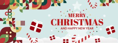 Mutlu Noeller ve yeni yıl tebrikleri. Geometrik şekilli son moda Xmas afişleri. Web siteleri, profil kapakları, tatil posterleri, baskılar ve mevsimsel dilekler için yatay Noel başlıkları.