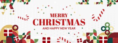 Mutlu Noeller ve yeni yıl tebrikleri. Geometrik şekilli son moda Xmas afişleri. Web siteleri, profil kapakları, tatil posterleri, baskılar ve mevsimsel dilekler için yatay Noel başlıkları.