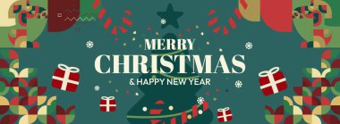 Mutlu Noeller ve yeni yıl tebrikleri. Geometrik şekilli son moda Xmas afişleri. Web siteleri, profil kapakları, tatil posterleri, baskılar ve mevsimsel dilekler için yatay Noel başlıkları.