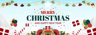 Mutlu Noeller ve yeni yıl tebrikleri. Geometrik şekilli son moda Xmas afişleri. Web siteleri, profil kapakları, tatil posterleri, baskılar ve mevsimsel dilekler için yatay Noel başlıkları.