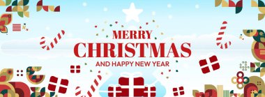 Mutlu Noeller ve yeni yıl tebrikleri. Geometrik şekilli son moda Xmas afişleri. Web siteleri, profil kapakları, tatil posterleri, baskılar ve mevsimsel dilekler için yatay Noel başlıkları.