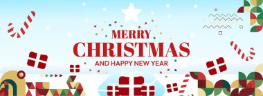 Mutlu Noeller ve yeni yıl tebrikleri. Geometrik şekilli son moda Xmas afişleri. Web siteleri, profil kapakları, tatil posterleri, baskılar ve mevsimsel dilekler için yatay Noel başlıkları.