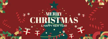 Mutlu Noeller ve yeni yıl tebrikleri. Geometrik şekilli son moda Xmas afişleri. Web siteleri, profil kapakları, tatil posterleri, baskılar ve mevsimsel dilekler için yatay Noel başlıkları.