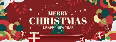 Mutlu Noeller ve yeni yıl tebrikleri. Geometrik şekilli son moda Xmas afişleri. Web siteleri, profil kapakları, tatil posterleri, baskılar ve mevsimsel dilekler için yatay Noel başlıkları.