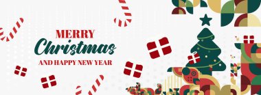 Mutlu Noeller ve yeni yıl tebrikleri. Geometrik şekilli son moda Xmas afişleri. Web siteleri, profil kapakları, tatil posterleri, baskılar ve mevsimsel dilekler için yatay Noel başlıkları.