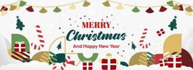 Mutlu Noeller ve yeni yıl tebrikleri. Geometrik şekilli son moda Xmas afişleri. Web siteleri, profil kapakları, tatil posterleri, baskılar ve mevsimsel dilekler için yatay Noel başlıkları.