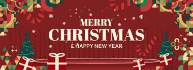 Mutlu Noeller ve yeni yıl tebrikleri. Geometrik şekilli son moda Xmas afişleri. Web siteleri, profil kapakları, tatil posterleri, baskılar ve mevsimsel dilekler için yatay Noel başlıkları.