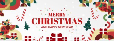 Mutlu Noeller ve yeni yıl tebrikleri. Geometrik şekilli son moda Xmas afişleri. Web siteleri, profil kapakları, tatil posterleri, baskılar ve mevsimsel dilekler için yatay Noel başlıkları.