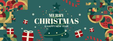 Mutlu Noeller ve yeni yıl tebrikleri. Geometrik şekilli son moda Xmas afişleri. Web siteleri, profil kapakları, tatil posterleri, baskılar ve mevsimsel dilekler için yatay Noel başlıkları.