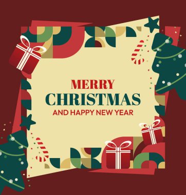 Mutlu Noeller ve yeni yıl tebrik kartları için kare şablonlar. Noel süslemeleri ve geometrik desenler. Sosyal medya, poster, kapak ve parmak izi paylaşımı için mükemmel. Xmas Arkaplanı