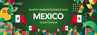 Ulusal bayrak, geometrik süsler ve bayram renkleriyle yatay Meksika Bağımsızlık Günü arkaplanı. Afişler, posterler, web başlıkları, promosyonlar ve etkinlik kampanyaları için ideal. Meksika Günün kutlu olsun.