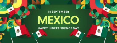 Ulusal bayrak, geometrik süsler ve bayram renkleriyle yatay Meksika Bağımsızlık Günü arkaplanı. Afişler, posterler, web başlıkları, promosyonlar ve etkinlik kampanyaları için ideal. Meksika Günün kutlu olsun.