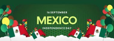Ulusal bayrak, geometrik süsler ve bayram renkleriyle yatay Meksika Bağımsızlık Günü arkaplanı. Afişler, posterler, web başlıkları, promosyonlar ve etkinlik kampanyaları için ideal. Meksika Günün kutlu olsun.