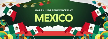 Ulusal bayrak, geometrik süsler ve bayram renkleriyle yatay Meksika Bağımsızlık Günü arkaplanı. Afişler, posterler, web başlıkları, promosyonlar ve etkinlik kampanyaları için ideal. Meksika Günün kutlu olsun.