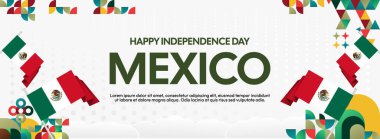Ulusal bayrak, geometrik süsler ve bayram renkleriyle yatay Meksika Bağımsızlık Günü arkaplanı. Afişler, posterler, web başlıkları, promosyonlar ve etkinlik kampanyaları için ideal. Meksika Günün kutlu olsun.